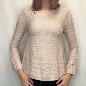 Style & Co Women's Long Bell Sleeve Sparkle Pullover Sweater S SM Small Pink Tie
